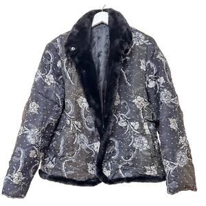 Vintage Floral Pattern Size M Black Beaded Puffer Jacket Trim FLAWED